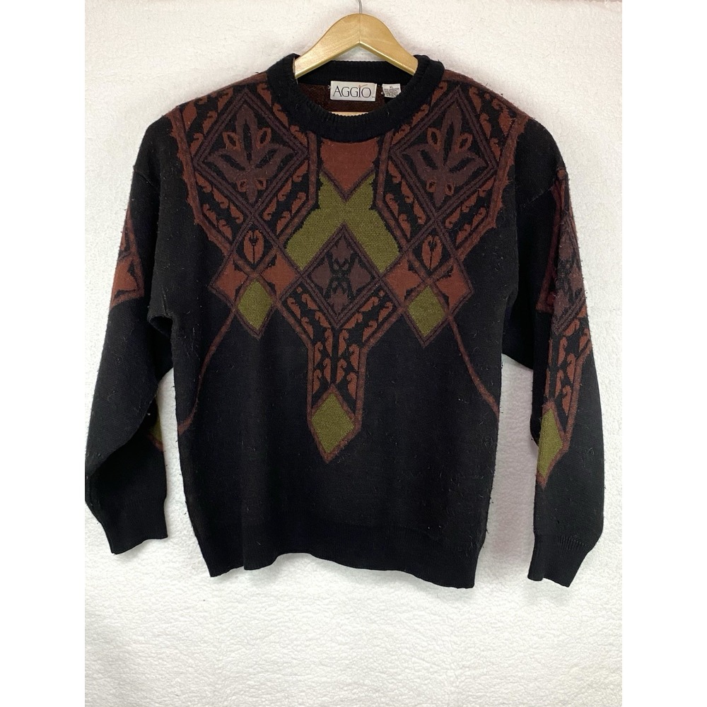 Aggio Men XL Black Sweater Alpaca Lambswool Crewneck Pullover Geometric Grandpa